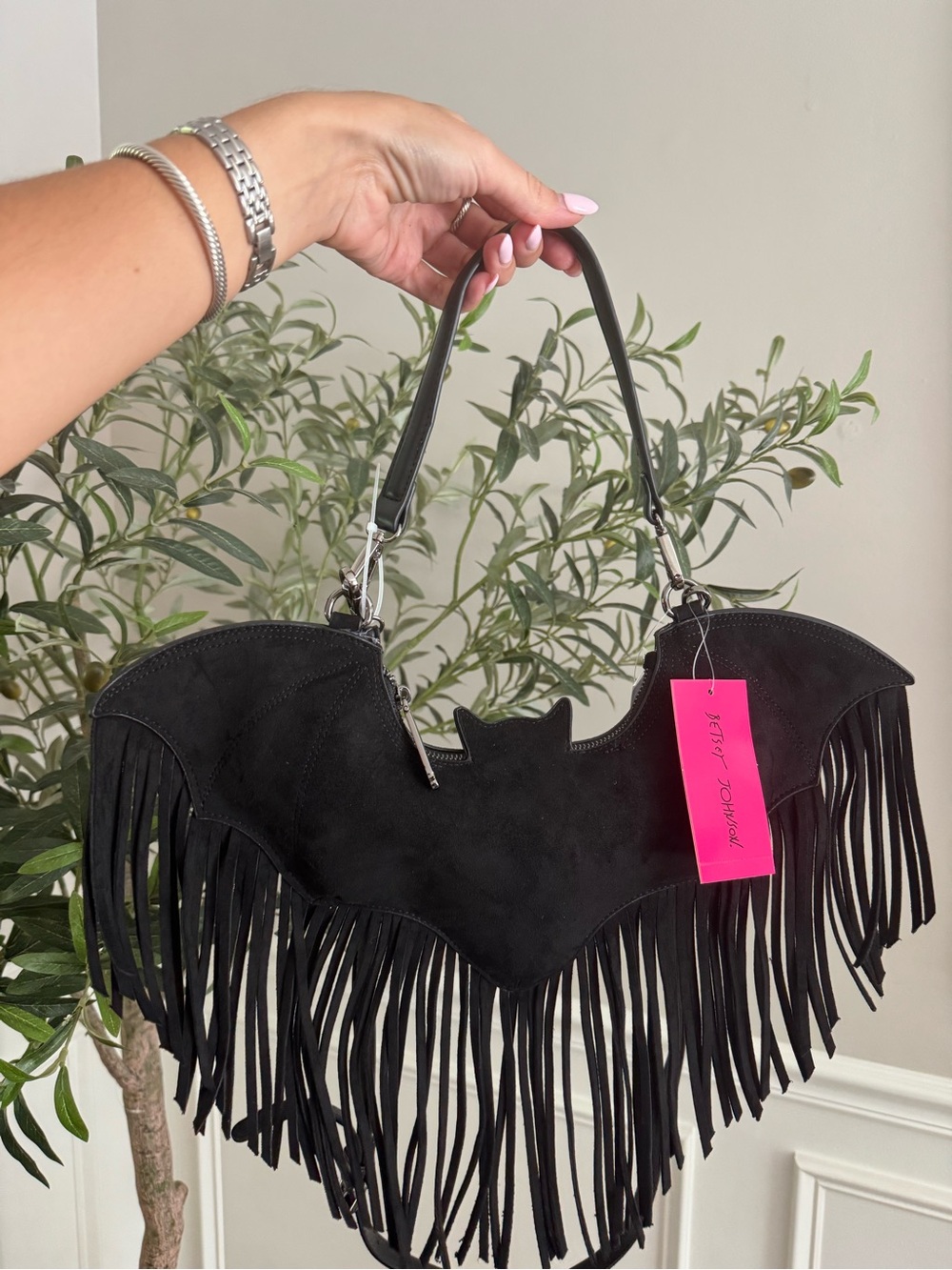 Betsey Johnson Black Fringe Bat-Shape Shoulder Bag